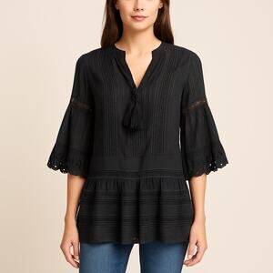 Allison New York Black Metallic Stripe Lace Trim Peplum Top Boho Bell Sleeve XS